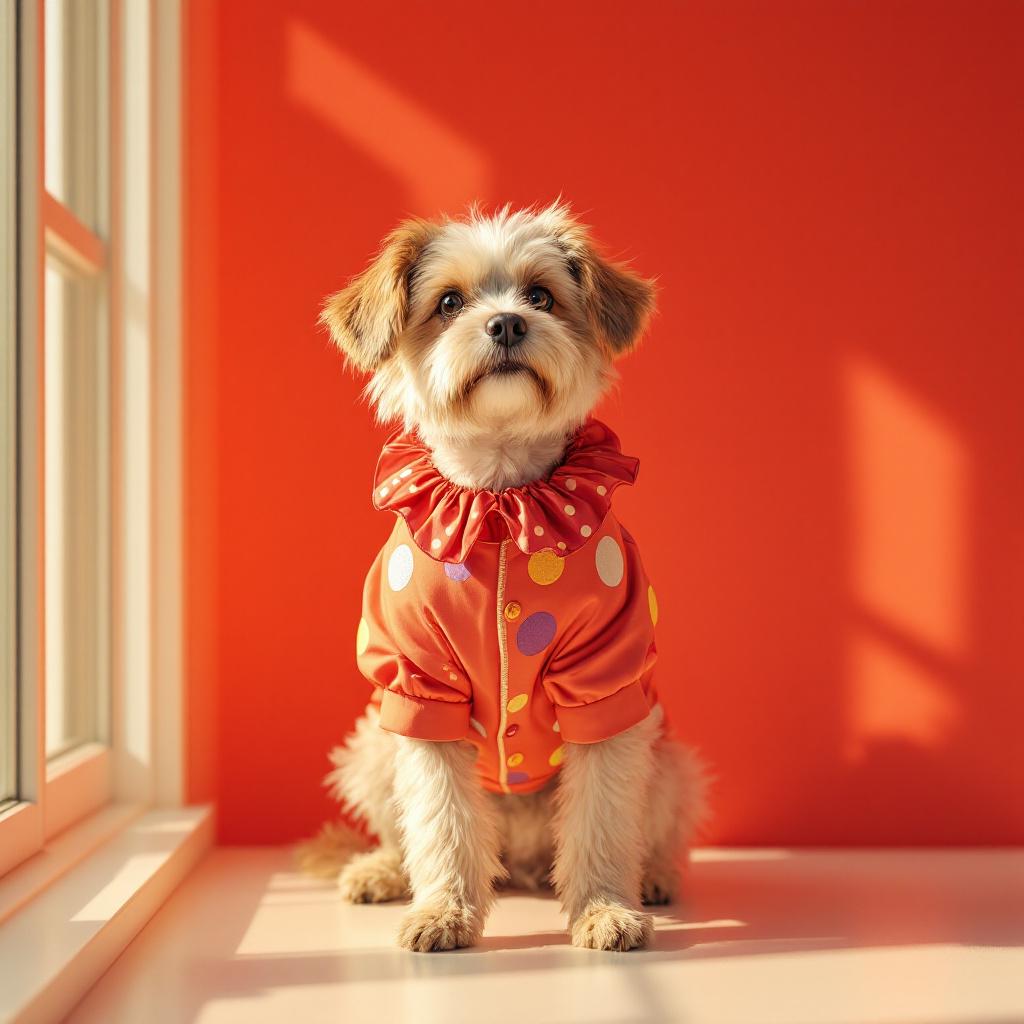Carnival Canine Costume — Vibrant jester-style costume with adjustable collar and detachable cape for fest